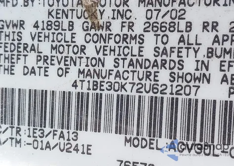 2002 Toyota Camry Xle z USA, uszkodzony, nr VIN 4T1BE30K72U621207